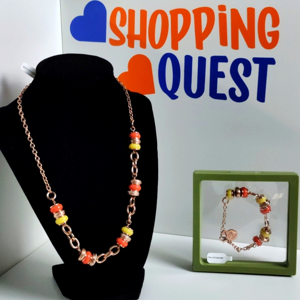 NWT Necklace And Bracelet Rose Tone Charming Sisters Yellow & Orange Gem…